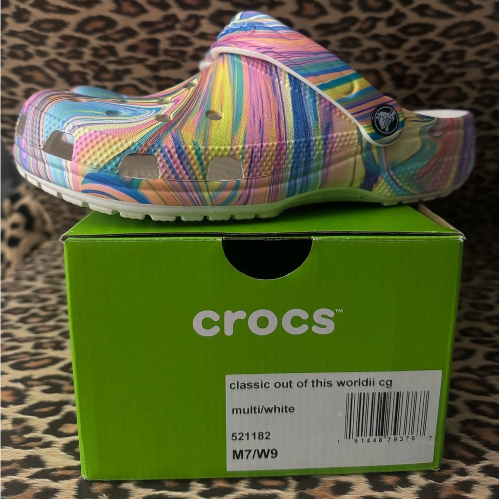 CROCS- “classic out of this world ii” clog pastel swirl.